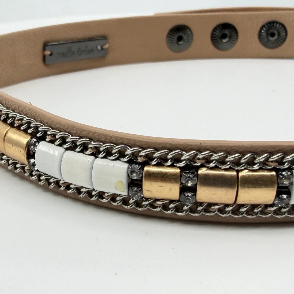 Stella & Dot Tan Faux Leather Wrap Bracelet Mixed Metal Rhinestone Boho Gift